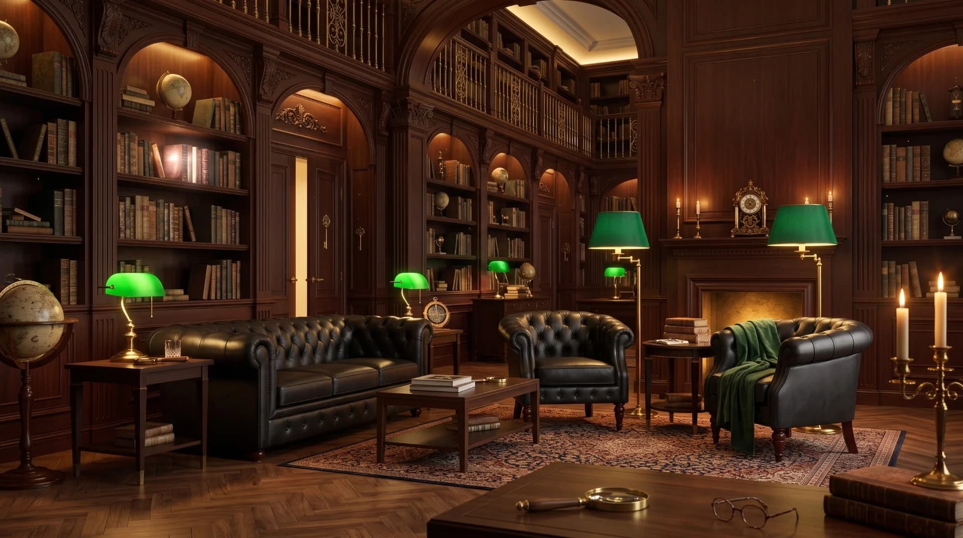 Grand dark-wood library with spiral staircase and green reading lamps
